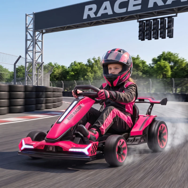 AIYAPLAY 24V Electric Go Kart for Kids 6-12 Years with Drift Mode, Adjustable Seat, 3 Speed, Slow Start, Pink
