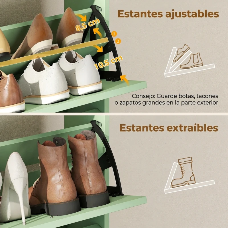 HOMCOM Zapatero Recibidor Entrada con 4 Cajones Abatibles y Estante Abierto Estantes Ajustables Encimera hasta 16 Pares Verde
