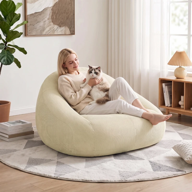 HOMCOM Banco Pufe para Adultos em Veludo Cotelê Recheado em Espuma Forma Envolvente Sem Montagem 114x121x60 cm Creme