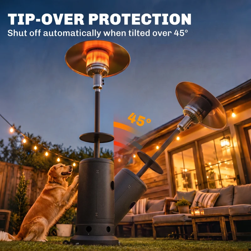 Outsunny Gas Patio Heater with Table Tray, 13 kW Portable Propane Outdoor Heater with Piezo Ignition, Tip-over Protection, Brown