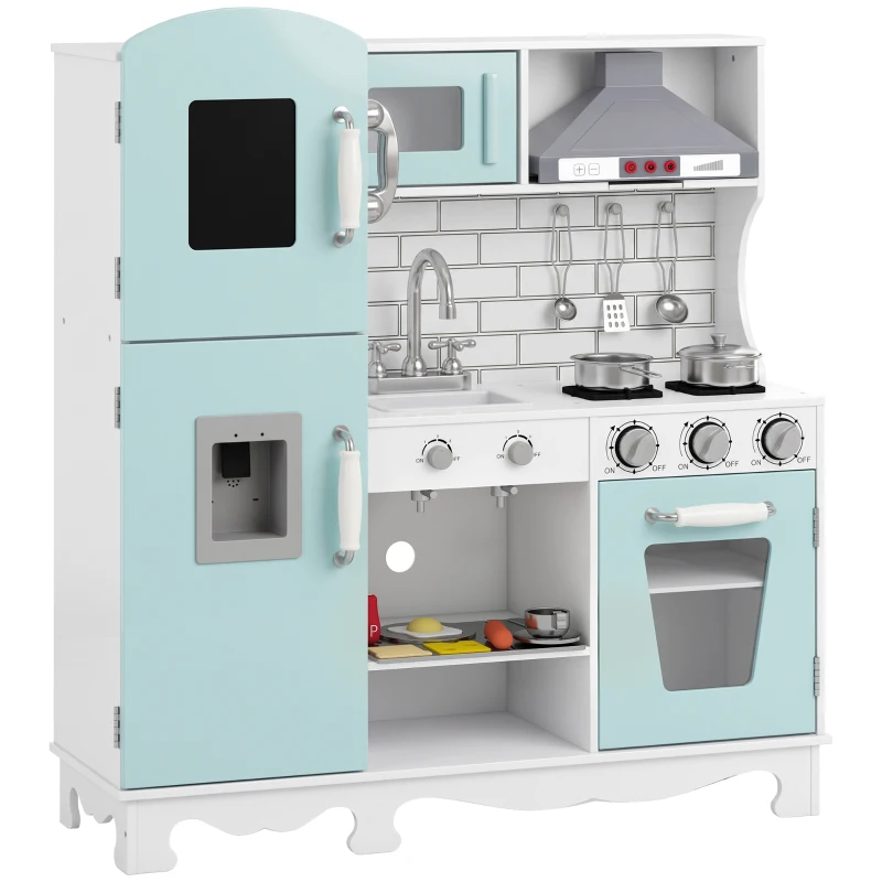AIYAPLAY Cozinha de Madeira com Luzes e Sons, Exaustor, Dispensador de Água, Máquina de Café, Frigorífico e Forno