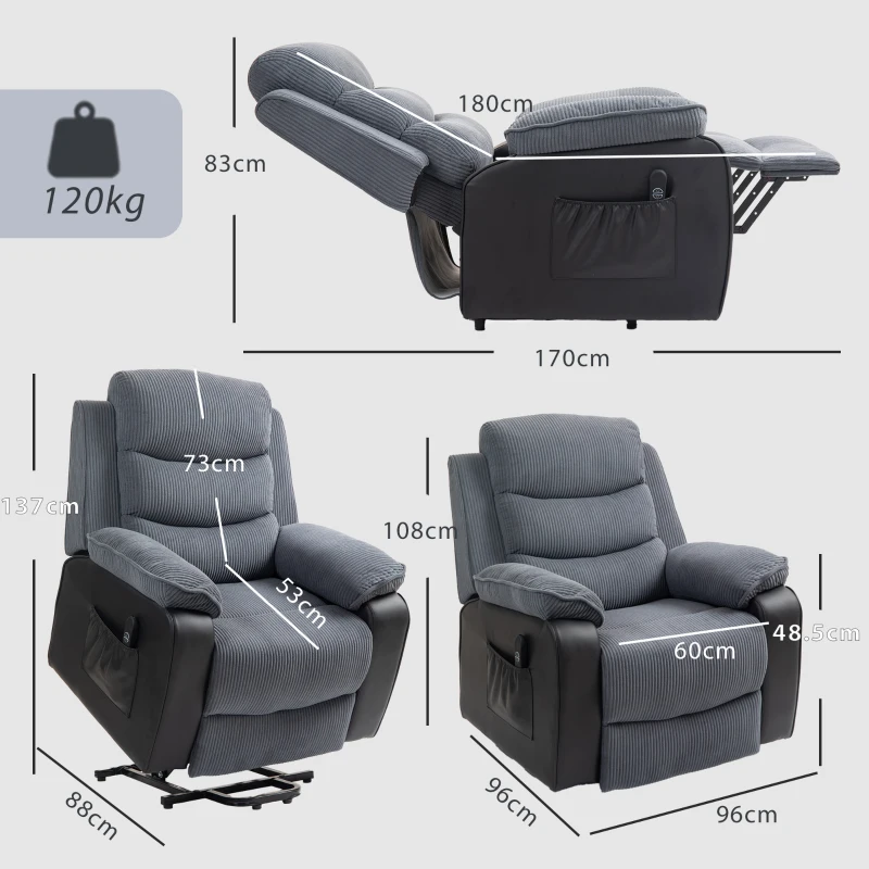 HOMCOM Riser Recliner Chair for Elderly, Electric Power Lift Recliner Armchair, Corduroy PU Leather Patchwork, Brown
