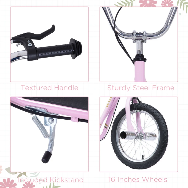 HOMCOM Stunt Scooter, Kids Scooter with 16" Big Wheels, Adjustable Height, Dual Brakes, for Ages 5+ Years, Pink