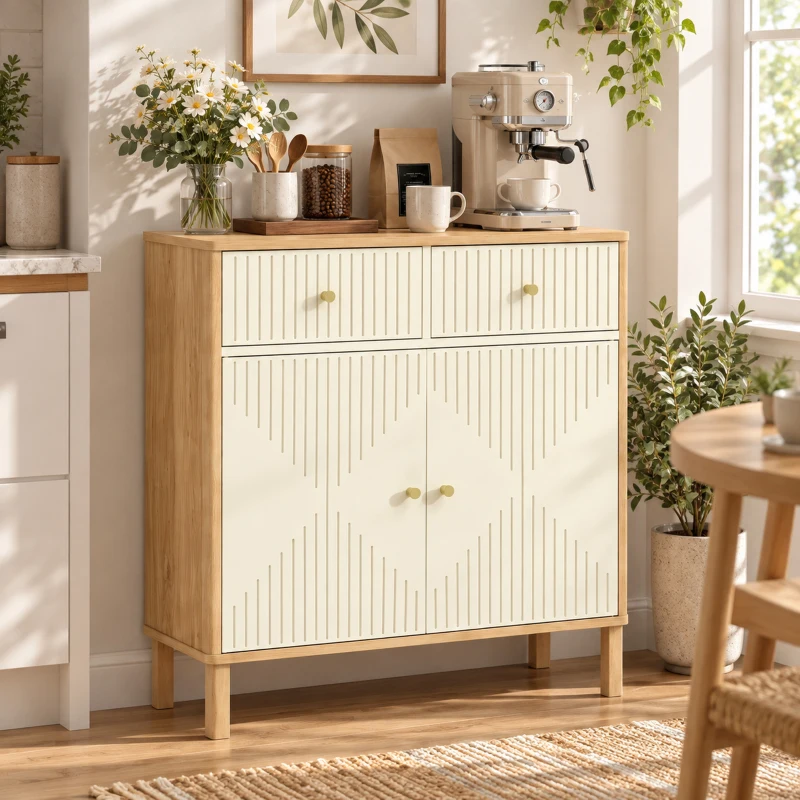 HOMCOM Bufet, corp de depozitare canelat cu blat cu aspect de stejar, 2 sertare, 2 uși, poliță reglabilă, 77x30x80cm, crem
