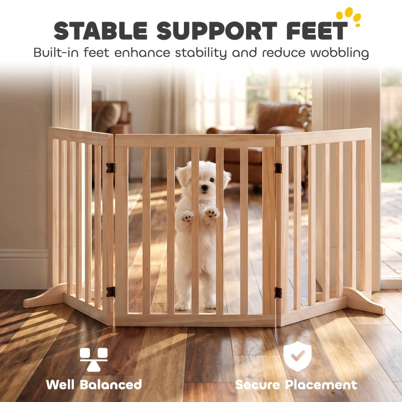 PawHut Wooden Dog Gate, 3-Panel Freestanding Pet Gates Indoor with 2 Support Feet and 360° Flexible Hinges, Natural
