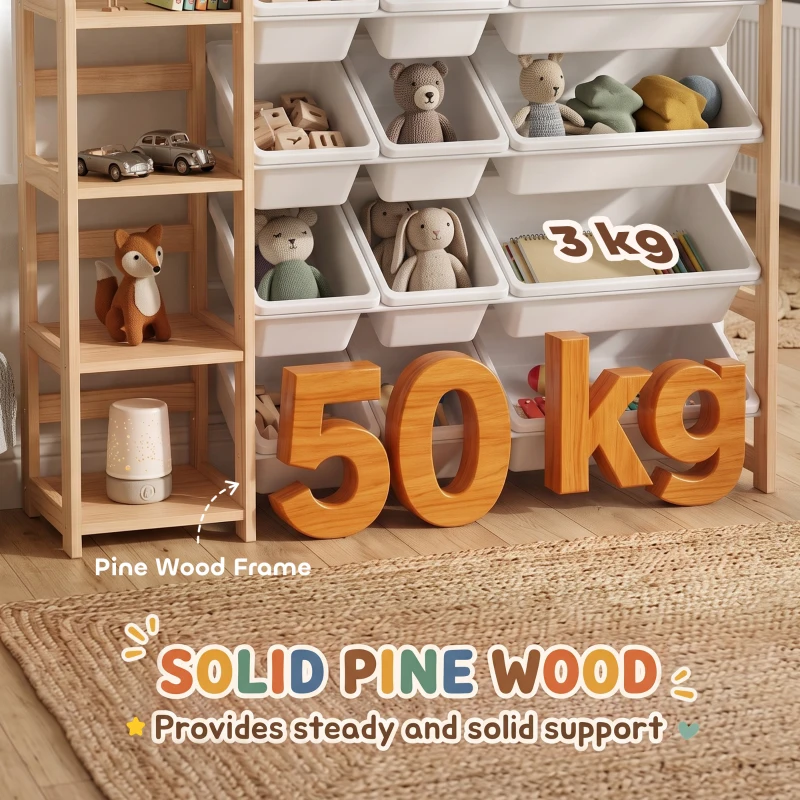 AIYAPLAY Toy Storage Organiser with 3 Shelves and 12 Bins, Wooden Toy Organiser for Playroom, Bedroom, Nursery, Natural