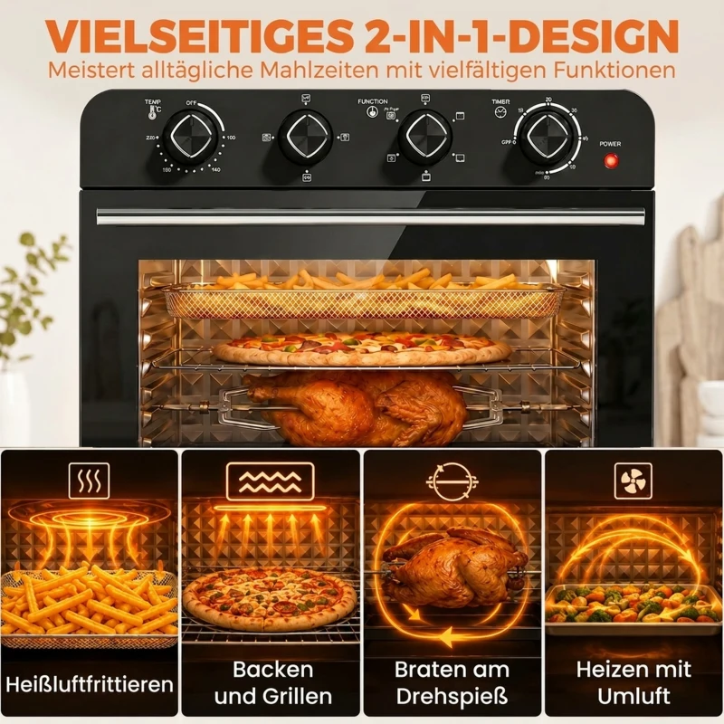 HOMCOM Heißluftfritteusen-Backofen mit Umluft und Drehspieß-Set, Temperaturregler, Timer, 1800 W
