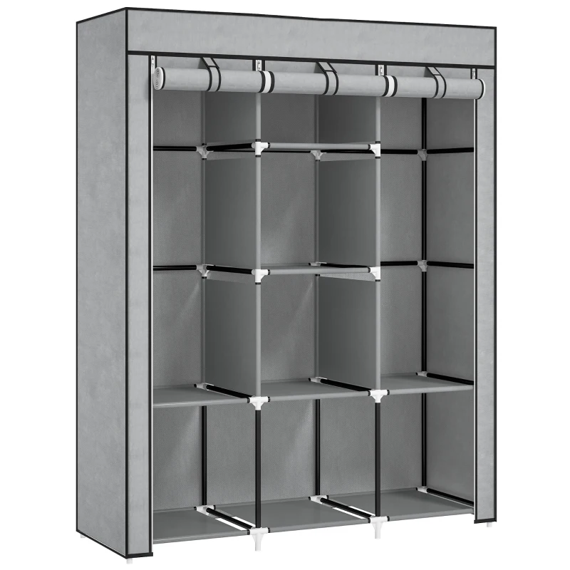 HOMCOM Roupeiro de Tecido Dobrável com 8 Prateleiras de Armazenamento e 2 Barras de Pendurar 125x43x162,5cm Cinza Claro