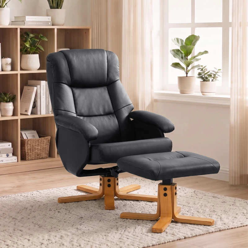 HOMCOM Relaxsessel mit Fußhocker, verstellbarer PU-Relaxsessel, 360°-Drehung, Schaukel-Funktion, Schwarz