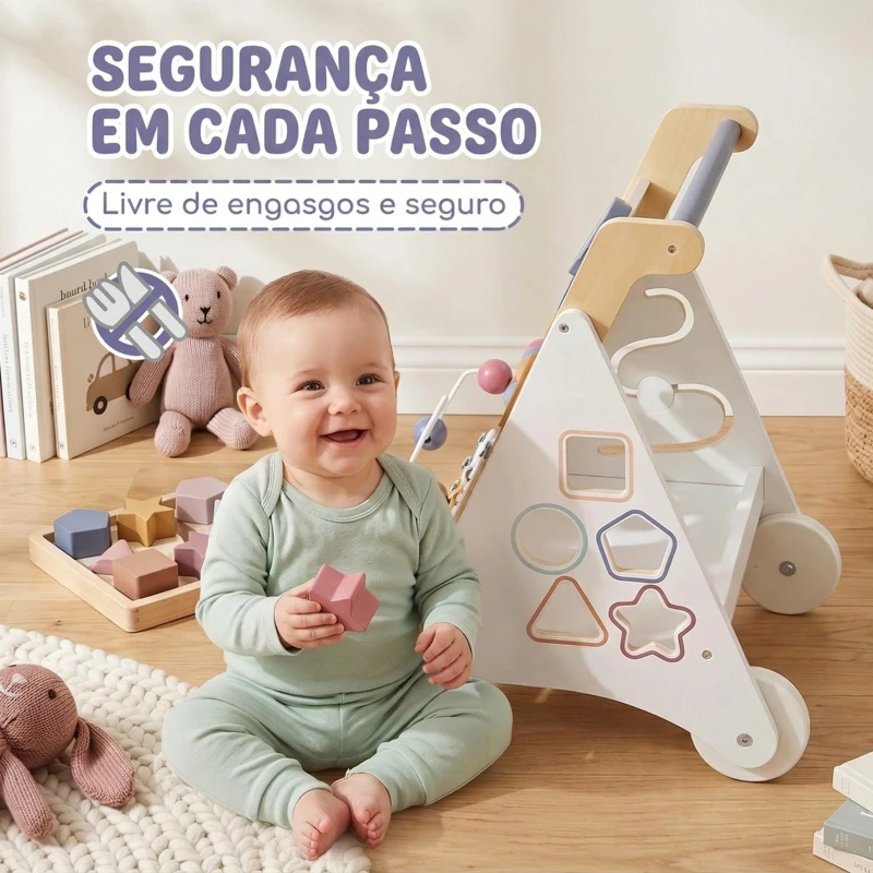 AIYAPLAY Andador de Madeira para Bebé com Brinquedos Montessori, Velocidade Ajustável e Arrumação, Branco