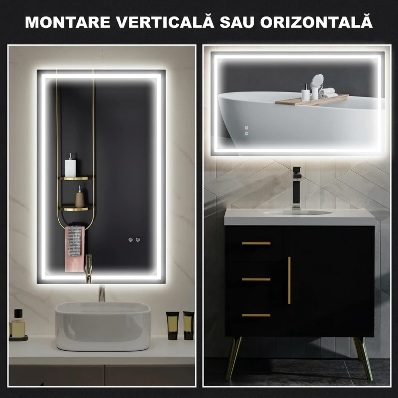 HOMCOM Oglindă de baie cu lumini LED reglabilă în 3 culori și strat antișoc, din sticlă și metal, 100x3x60 cm