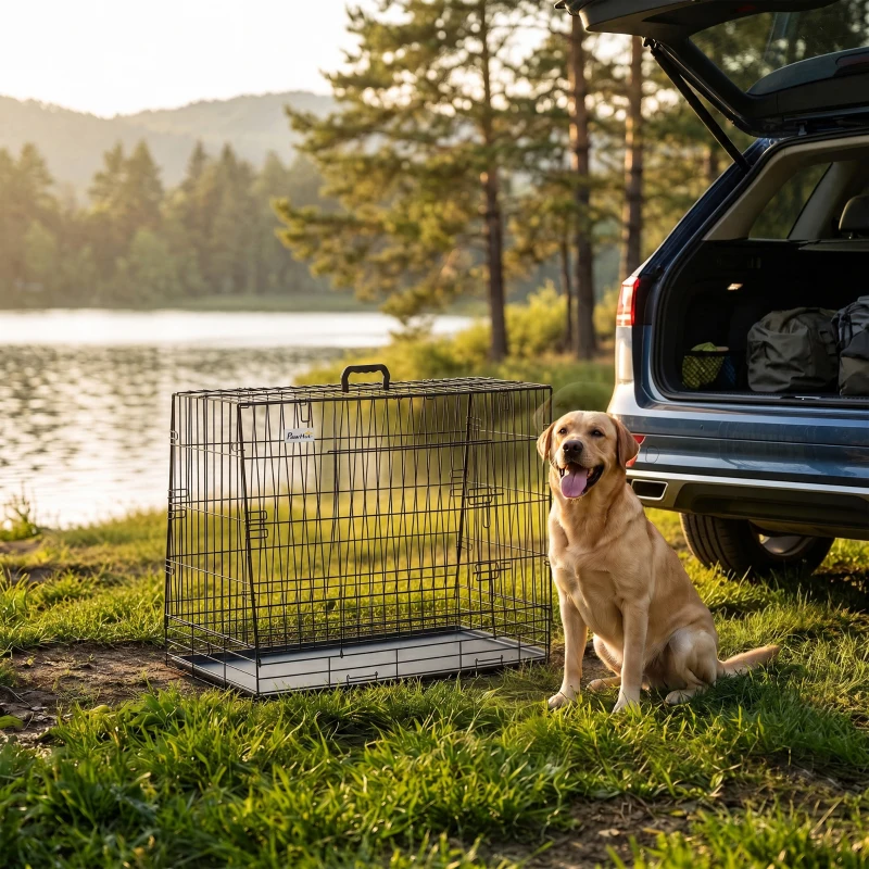 PawHut 35"(90 cm) Car Dog Crate Medium Large Collapsible Slanted Travel Dog Cage with Tray for Car Boot