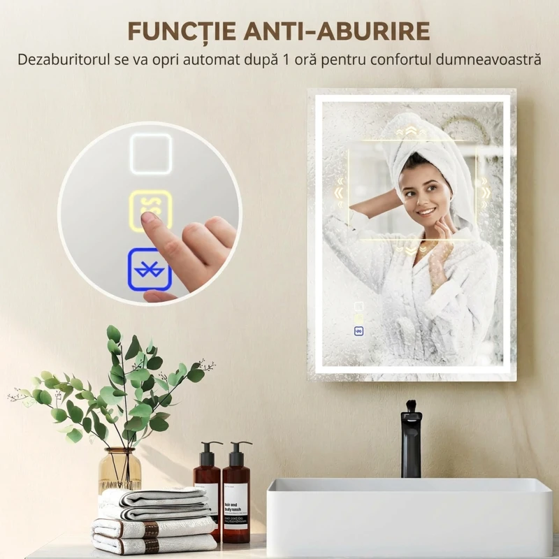 HOMCOM Oglindă de baie anti-aburire cu lumină LED reglabilă, difuzor Bluetooth, butoane tactile, 50x70 cm