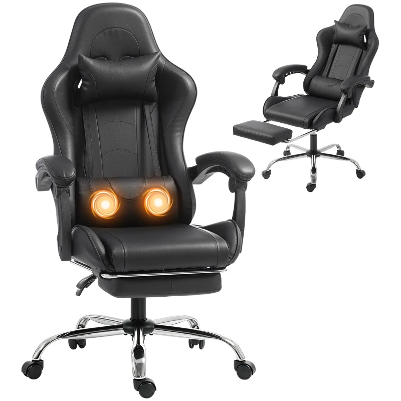 HOMCOM Scaun Gaming Ergonomic cu Pernă Lombară Masantă, Fotoliu Gaming Înclinabil din Piele Sintetică, Negru