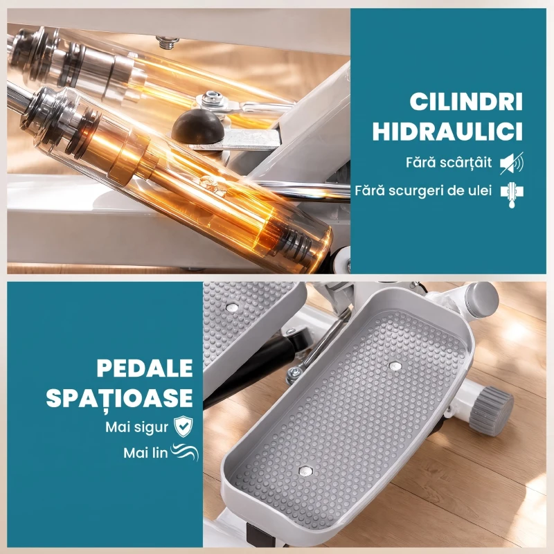 HOMCOM Stepper cu Monitor LCD, Maner Reglabil și Elastice, din Oțel și ABS, Alb și Gri