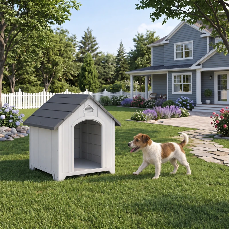 PawHut Niche pour chien extérieur, maison chien en polypropylène imperméable ventilé plancher surélevé 66x55x65cm gris clair