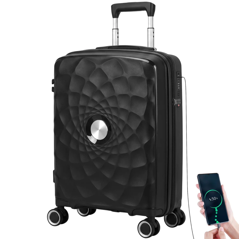 HOMCOM Troler de cabină 45,7 cm ușor și rigid cu port USB încuietoare TSA și 4 roți duble rotative Negru