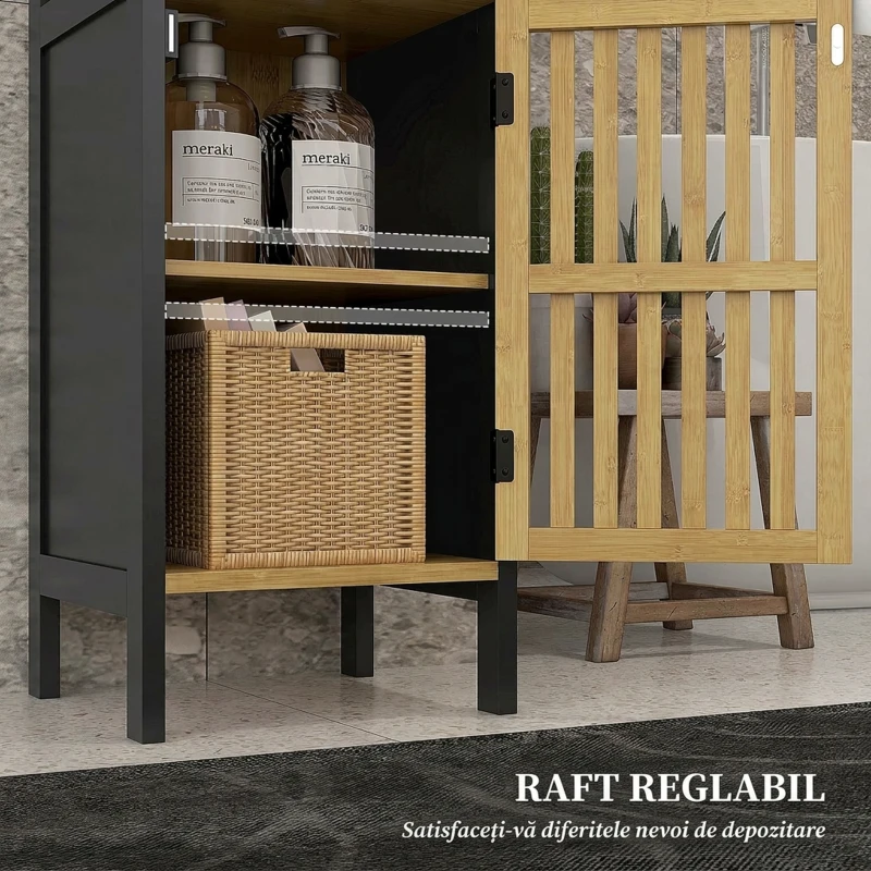 HOMCOM Dulap de Baie cu Raft Deschis și Dulăpior, din MDF și Bambus, 32x30x90,5 cm, Negru și culoare Lemn