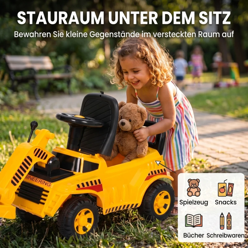 AIYAPLAY Sitzbagger Aufsitzbagger mit Schaufel Lenkrad Kinderbagger mit anhebbarer Frontwalze, Hupe, Stauraum unter dem Sitz