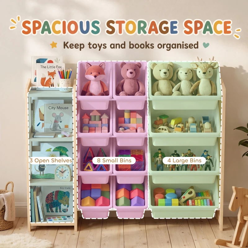 AIYAPLAY Toy Storage Organiser with 3 Shelves and 12 Bins, Wooden Toy Organiser for Playroom, Bedroom, Nursery, Natural