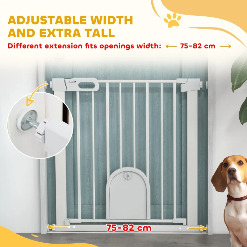 PawHut 75-82cm Pet Safet Gaye, Pressure Fit Stair, with Cat Flap, Double Locking, White