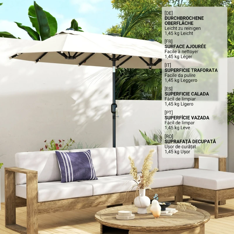 Outsunny Umbrelă Dublă cu Lumini LED și Manivelă, din Poliester și Oțel, 2.92x1.5x2.2 m, Bej