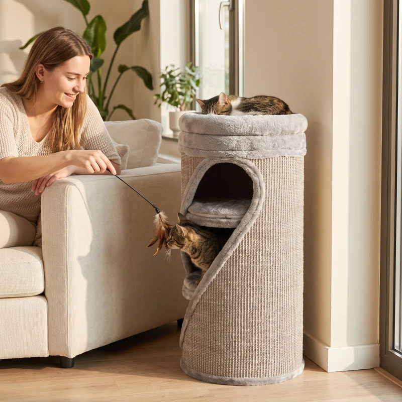 PawHut Arranhador 75 cm de Altura Ø35 cm 4 Níveis com 3 Ninhos Cama de Pelúcia Removível e Lavável Superfície de Sisal