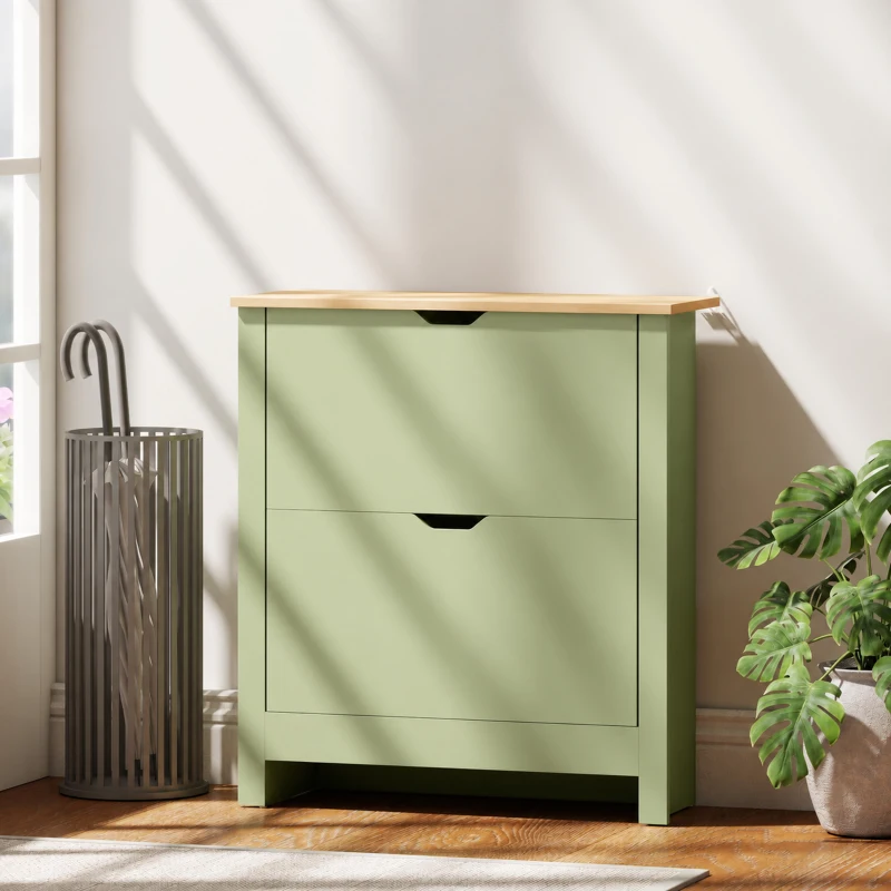 HOMCOM Meuble à chaussures 12 paires, armoire à chaussures étroite avec 2 tiroirs rabattables et étagères réglables, vert