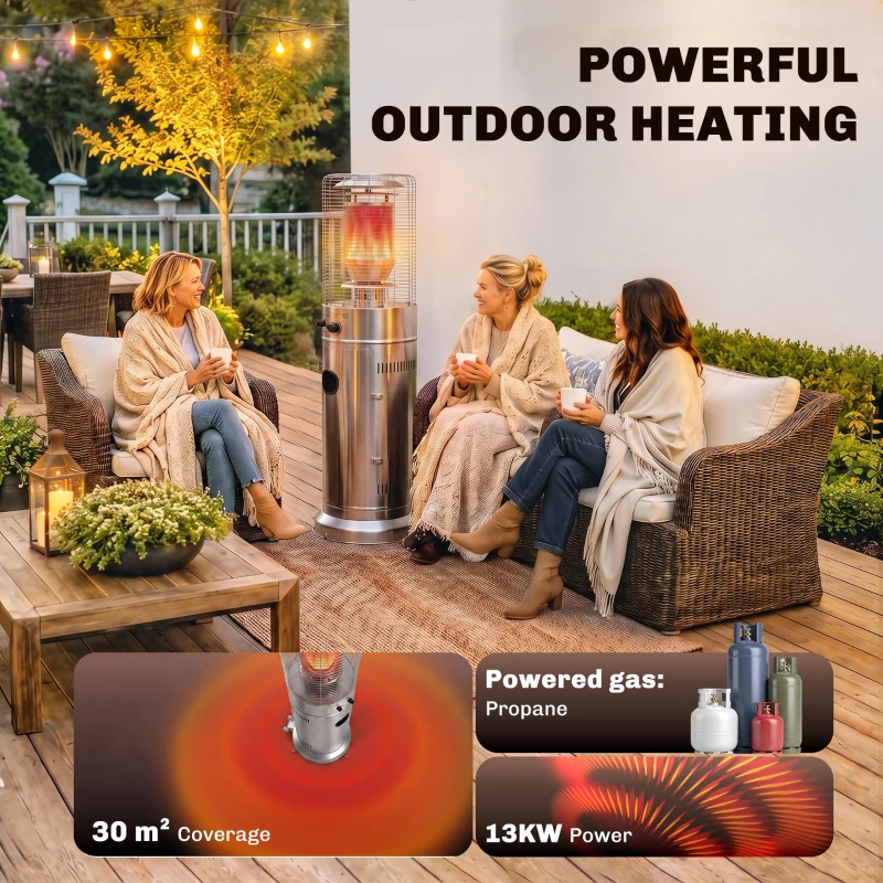 Outsunny Gas Patio Heater, 13 kW Stainless Steel Portable Propane Outdoor Heater with Pulse Ignition, Tip-over Protection, Silver