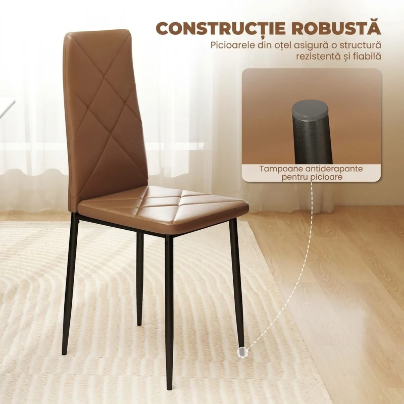 HOMCOM, Set de 6 Scaune de Dining Moderne, Cu Spătar Înalt, din Piele Ecologică și Oțel, 41x50x97 cm, Maro