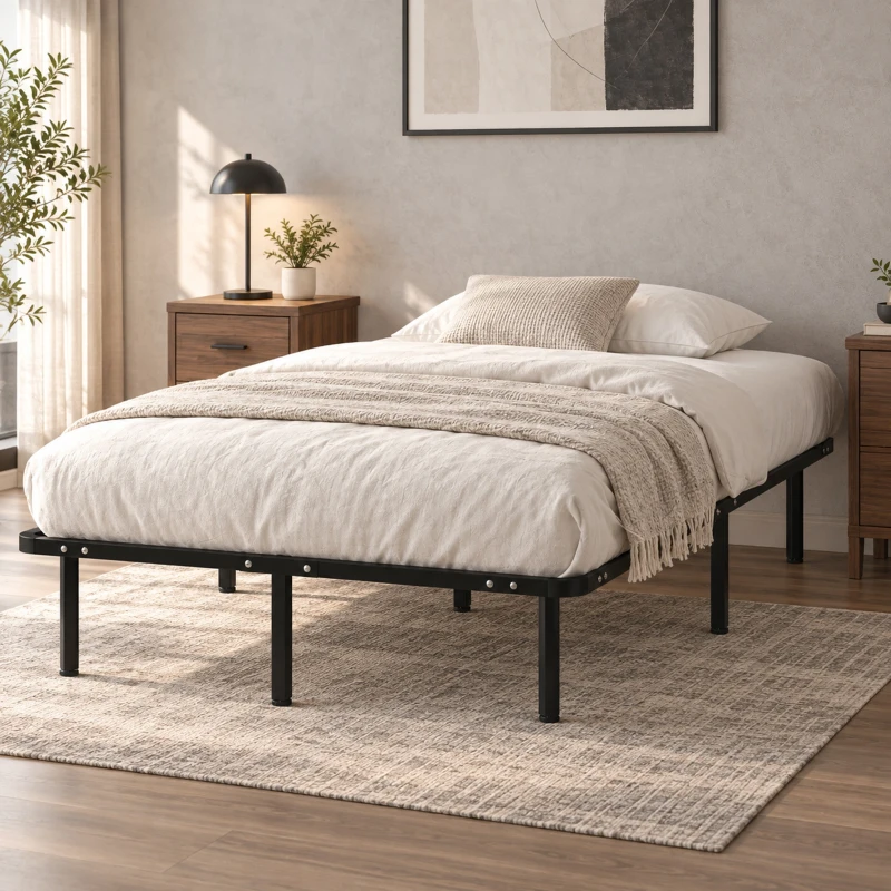 HOMCOM Lit double industriel à 28 lattes avec espace de rangement, en bois et acier, 120x190x31 cm, noir et bois