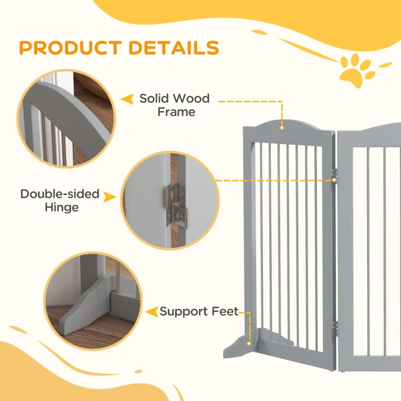 PawHut Foldable Dog Gate, Freestanding Pet Gate, with Two Support Feet, for Staircases, Hallways, Doorways - Grey