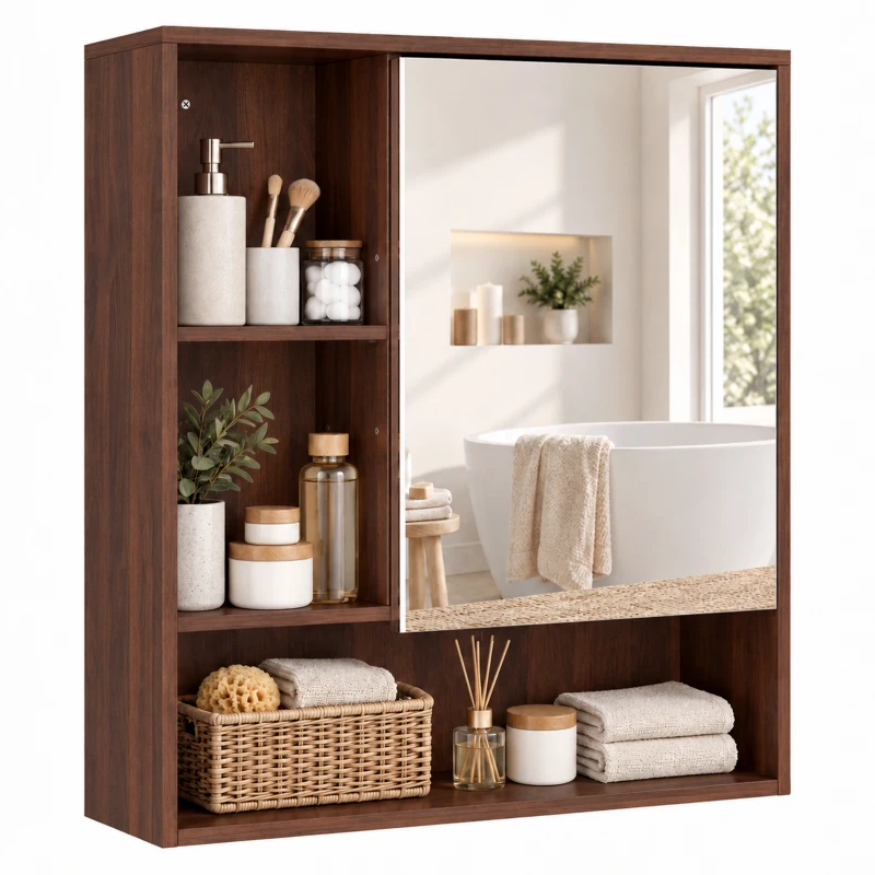 HOMCOM Bathroom Mirror Cabinet, Wall-Mounted Bathroom Cabinet with Mirror Door, Adjustable Shelves, Walnut Brown