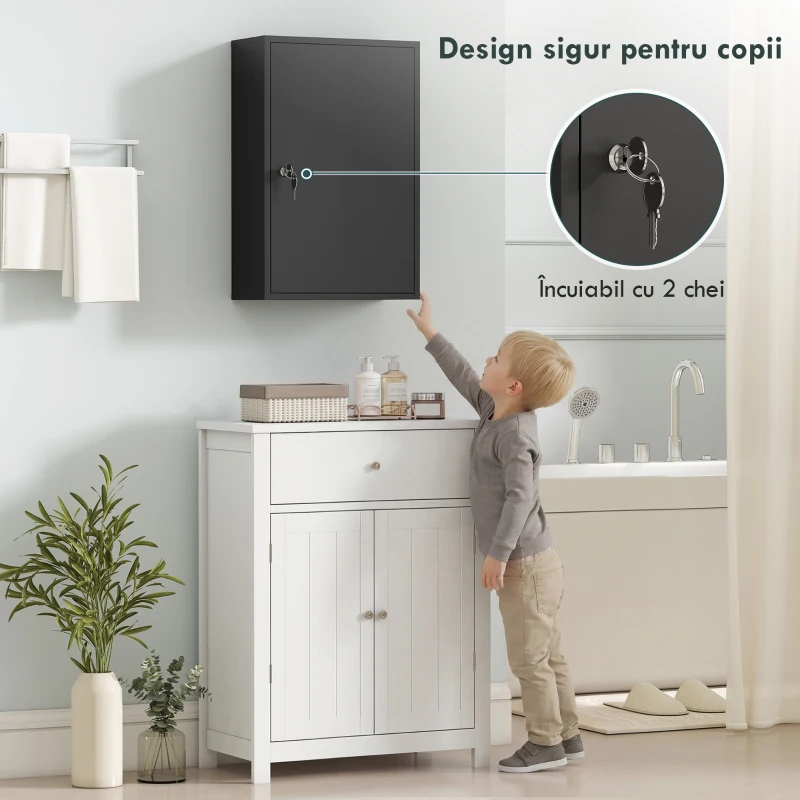 kleankin Dulap pentru Medicamente cu 3 Niveluri din Metal, cu 2 Chei și Montare pe Perete, 40x18x60 cm, Negru