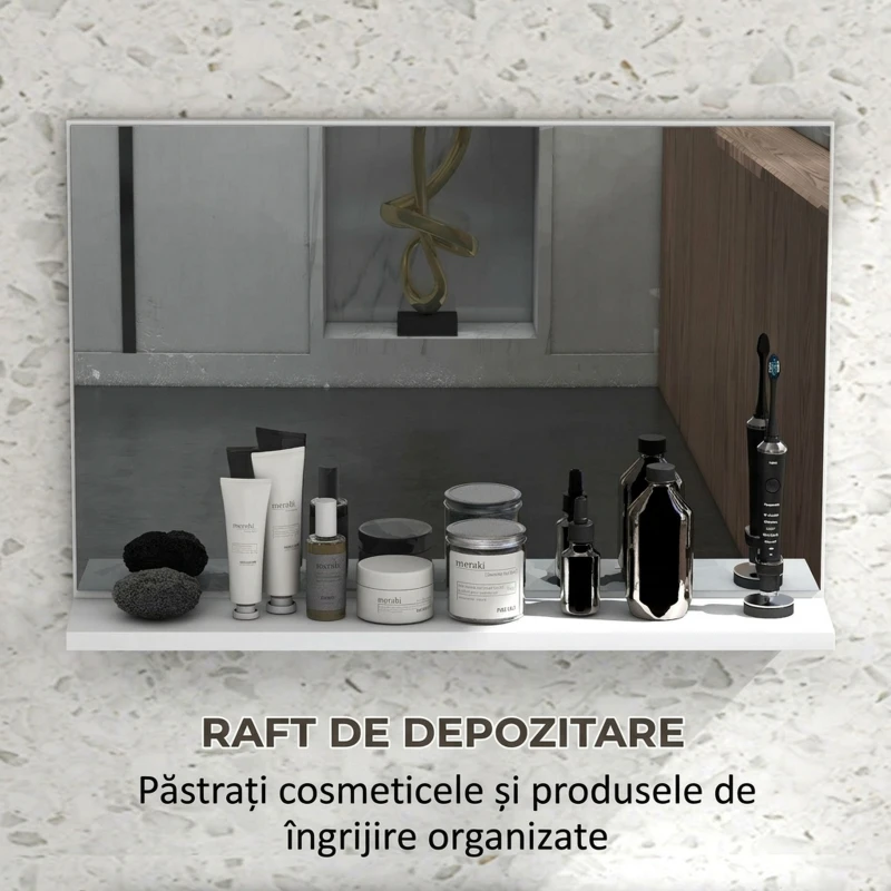 kleankin Oglindă de baie de perete cu raft, design modern și multifuncțional, 60x12x40 cm, alb