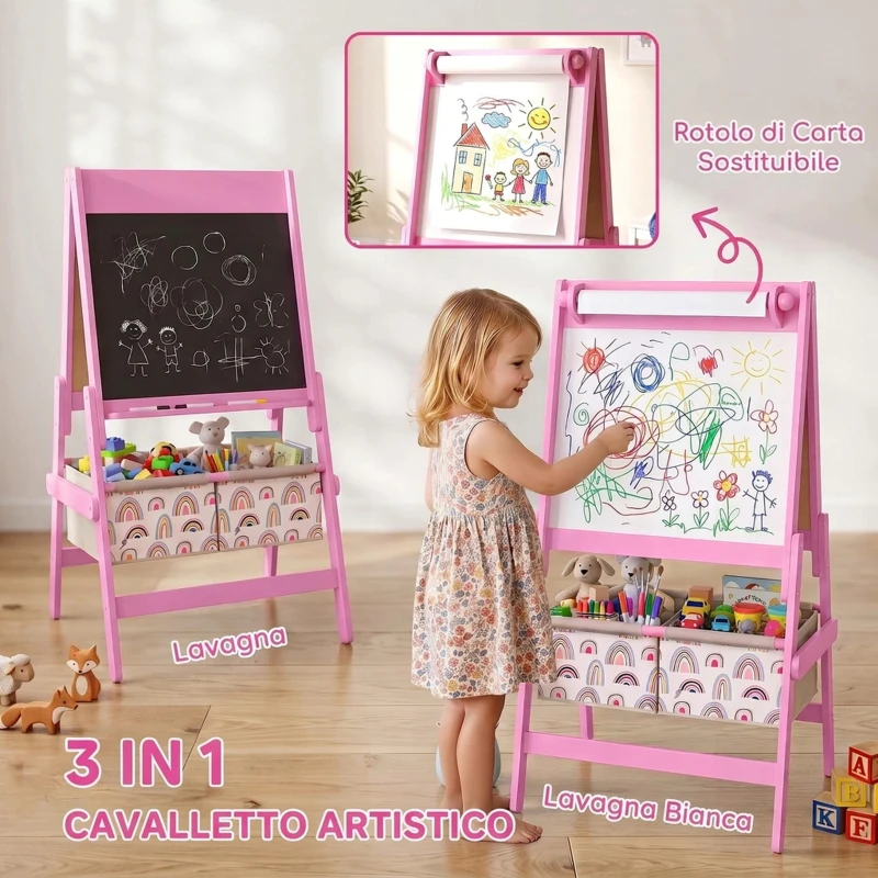 AIYAPLAY Lavagna per Bambini 3 in 1 a Doppia Facciata con Cavalletto, Rotolo di Carta, 2 Contenitori, 3-8 Anni, Rosa