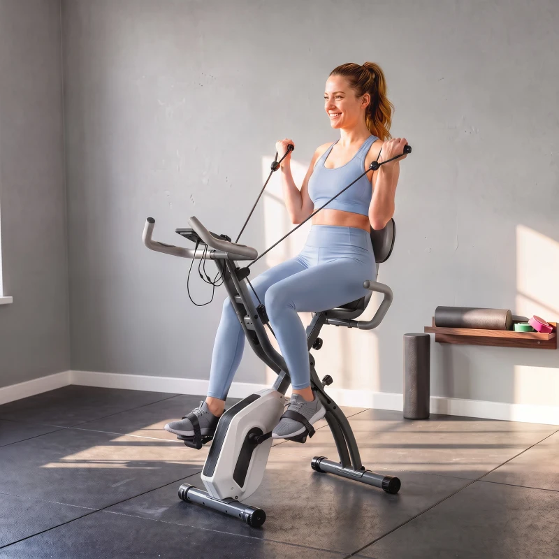 SPORTNOW 4-In-1 Folding Exercise Bike with Resistance Bands, Bluetooth App, 8-Level Magnetic Resistance, LCD Display, Grey