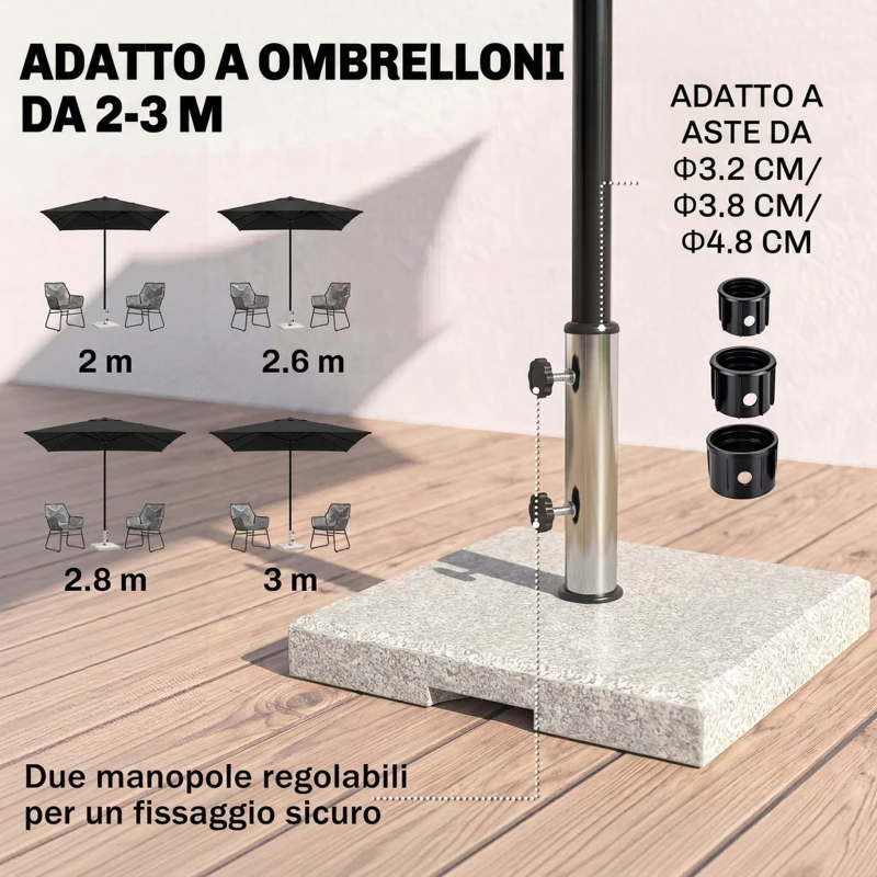 Outsunny Base per Ombrellone da Giardino 25kg per Pali da Ø32mm, Ø38mm e Ø48mm, in Granito e Acciaio Inox, 38x38x38 cm, Grigia