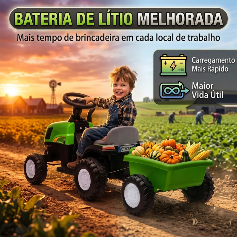 AIYAPLAY Trator Elétrico para Crianças 6V com Reboque Amovível, Luzes, Música, Buzina e Pedal, 2,5 km/h, Verde, 1-3 Anos