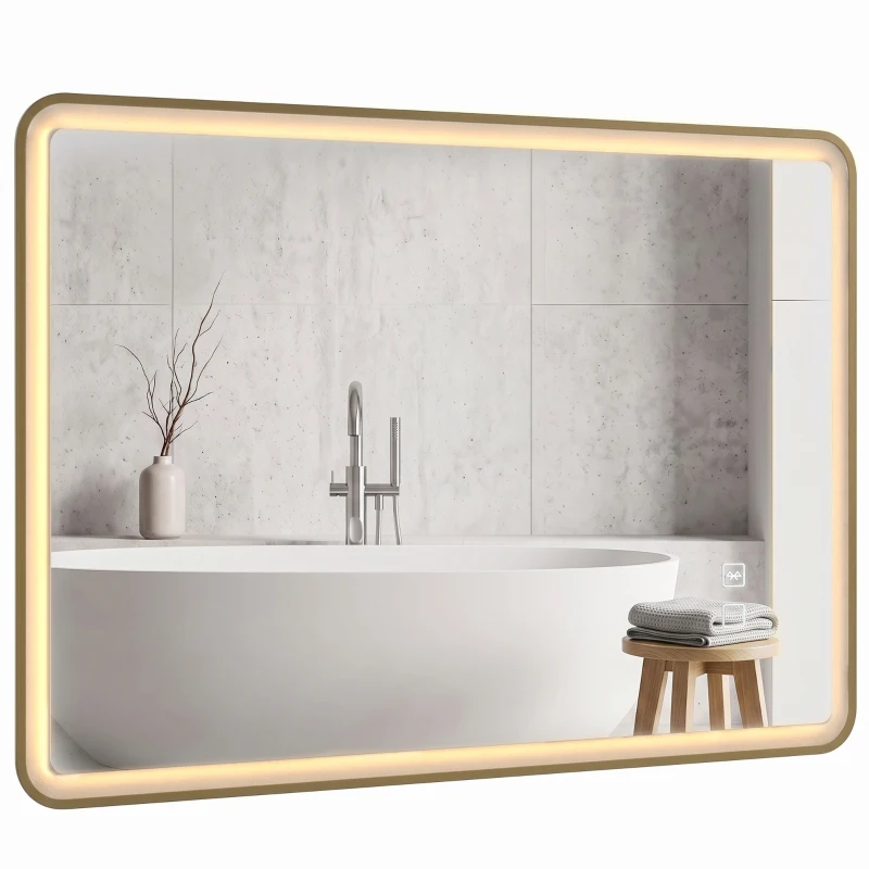 HOMCOM Bathroom Mirror with LED Lights, 100x70cm Rectangle Bathroom Mirror, Dimmable, Bluetooth, Anti-Fog, Gold Tone