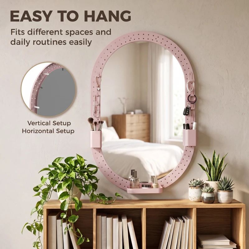 HOMCOM Oval Wall Mirror, 60 x 90 cm Decorative Hanging Mirror with Pegboard Frame, Wall-Mounted, Pink