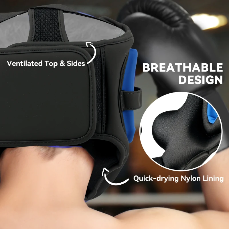 SPORTNOW Boxing Headguard w/ Adjustable Strap for Sparring, Kickboxing, MMA, Blue/Black