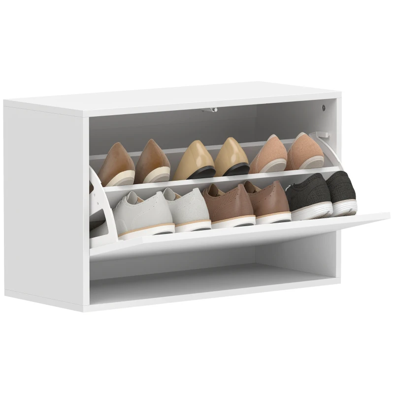 HOMCOM Schoenenkast met 2 kleppen, wandhangende schoenenkast met bovenblad, smalle schoenenopberger voor 6 paar, 70 x 30 x 43 cm, wit