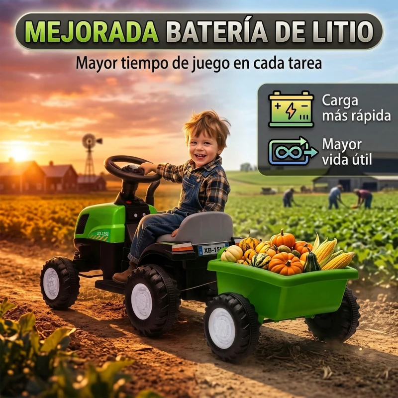 AIYAPLAY Tractor Eléctrico para Niños con Remolque Desmontable 6V Luces Música Claxon Pedal para Niños 1-3 Años 2,5 km/h Verde