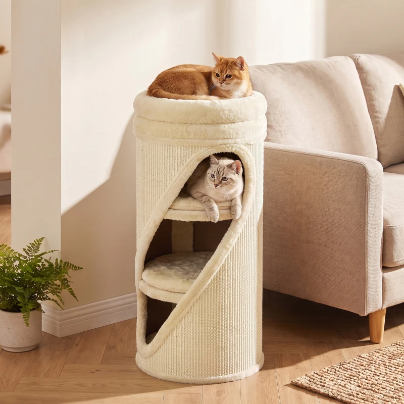 PawHut Arranhador 75 cm de Altura Ø35 cm Torre Arranhadora 4 Níveis com 3 Cavernas Cama de Pelúcia Removível e Lavável Superfície de Sisal