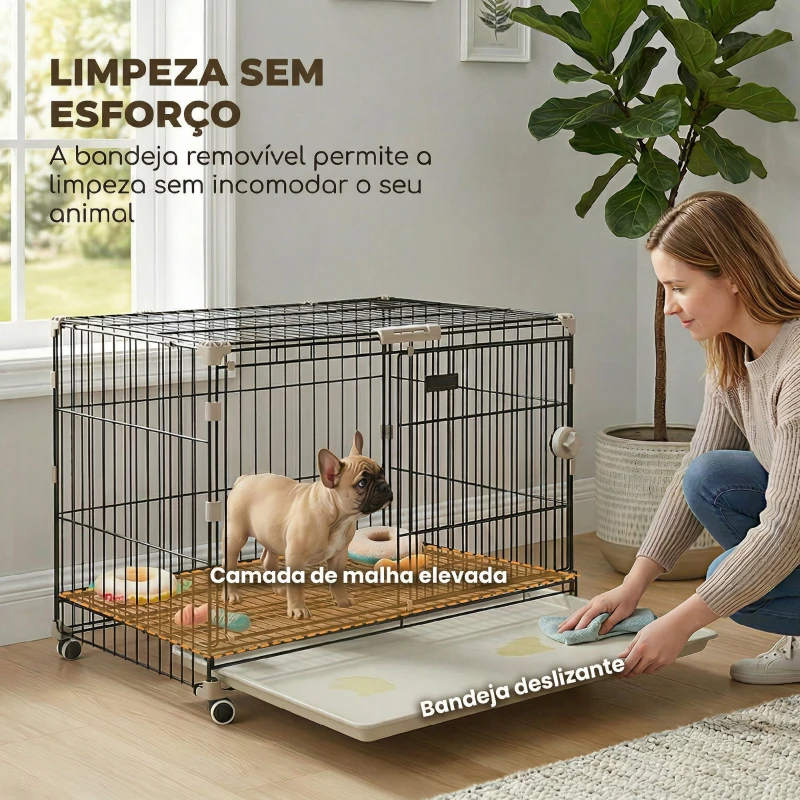 PawHut Jaula para Cães Dobrável com Rodas, Bandeja Extraível, Porta Deslizante e Teto Rebatível, 75,5x46x64,5 cm, Preto
