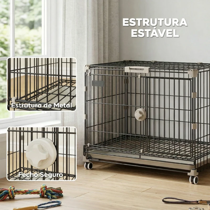 PawHut Gaiola para Cães Dobrável com Rodas, Tabuleiro Amovível, Porta Deslizante e Teto Rebatível 60,5x45,5x54,5 cm Preto