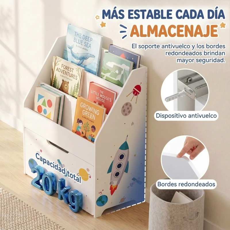 AIYAPLAY Librería Infantil con Cajón Móvil y 3 Estantes Estantería para Libros Diseño de Espacio Montessori 3 a 8 Años Blanco
