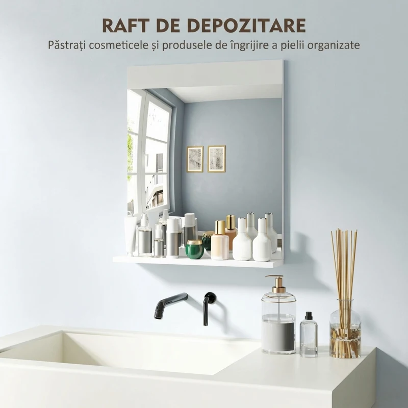 HOMCOM Oglindă de baie de perete modernă cu raft pentru depozitare, din sticlă și MDF, 50x12x60 cm, alb