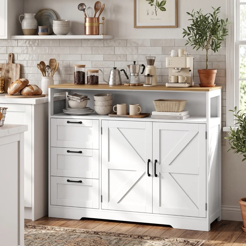 HOMCOM Aparador de Cozinha, Móvel de Arrumação com 3 Gavetas, 2 Portas Estilo Celeiro, Tampo e Compartimento Aberto, Branco